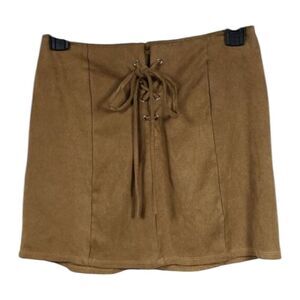 Charlotte Russe Faux Suede Tan Mini Skirt Lace Up Retro Trendy Soft Mini Skirt